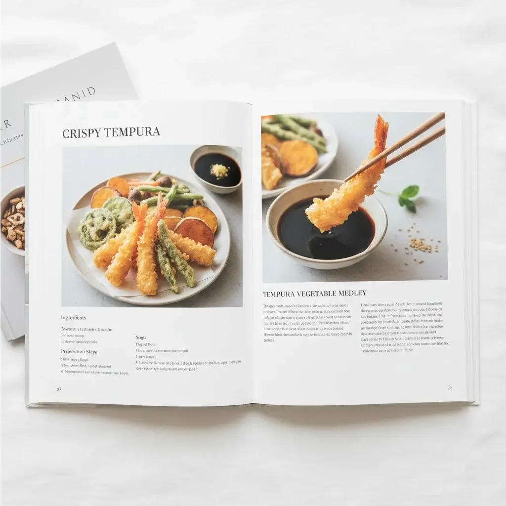 Open cookbook spread with a tempura recipe